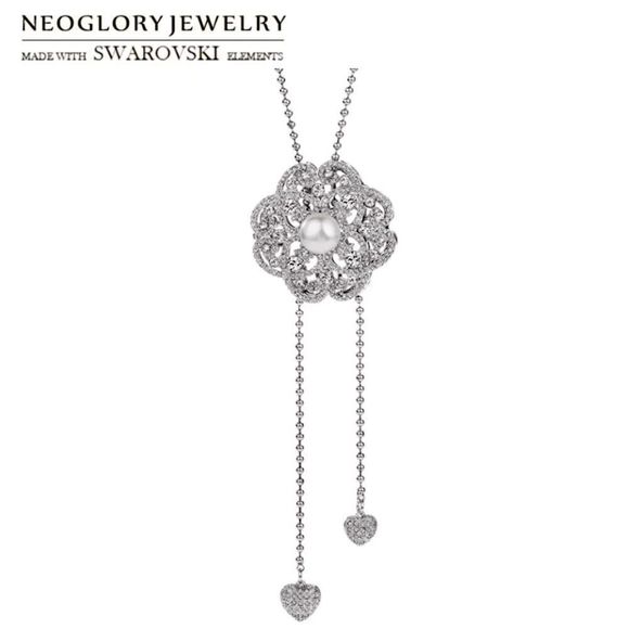 BNIB!! NEOGLORY VINTAGE SWAROVSKI CRYSTAL & PEARL FLORAL LONG SLIDE PENDANT S925 - Picture 1 of 10